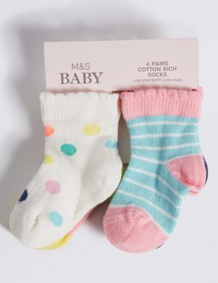 4 Pairs of Cotton Rich Baby Socks (0-24 Months) Image 1 of 2