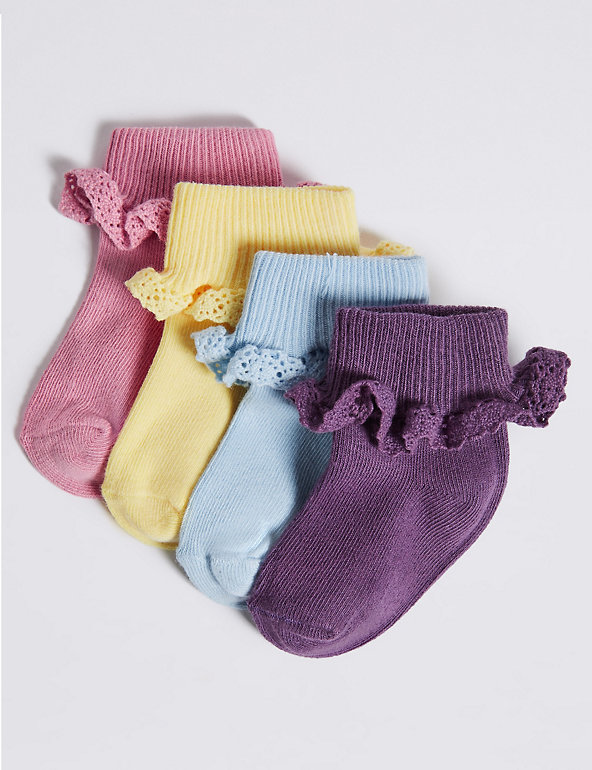 4 Pairs of Cotton Rich Frilly Baby Socks (0-24 Months) Image 1 of 2