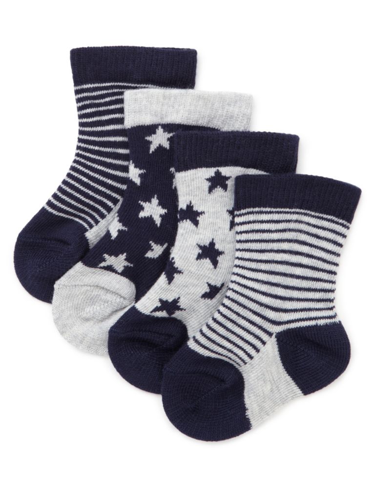 4 Pairs of Cotton Rich Star & Striped Baby Socks 1 of 1