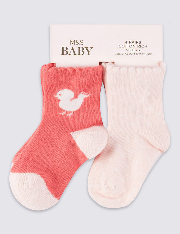 4 Pairs of Cotton Rich StaySoft™ Assorted Socks (0-24 Months) Image 1 of 2