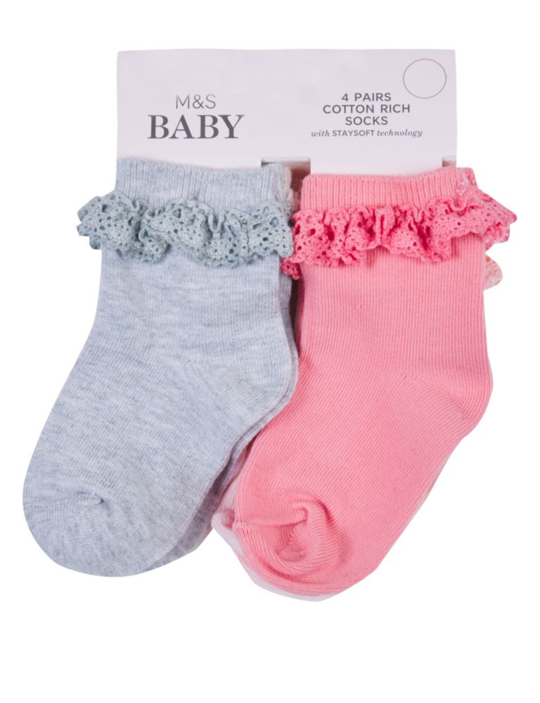 4 Pairs of Cotton Rich StaySoft™ Frilled Socks (0-24 Months) 1 of 3