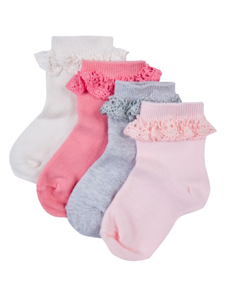 4 Pairs of Cotton Rich StaySoft™ Frilled Socks (0-24 Months) 2 of 3