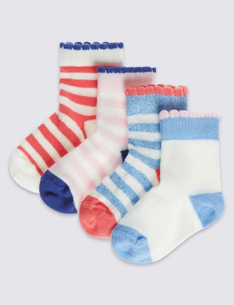 4 Pairs of Cotton Rich StaySoft™ Striped Socks (0-24 Months) 1 of 2