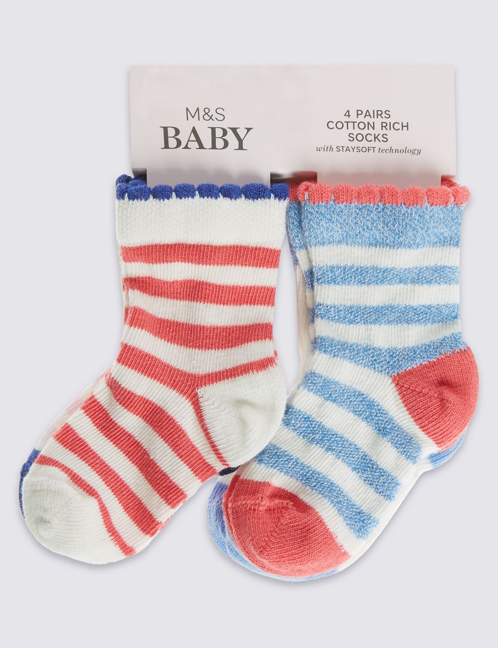 4 Pairs of Cotton Rich StaySoft™ Striped Socks (0-24 Months) 2 of 2