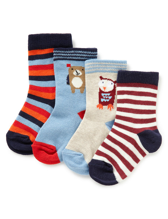 4 Pairs of Cotton Rich Striped & Owl Print Baby Socks Image 1 of 1