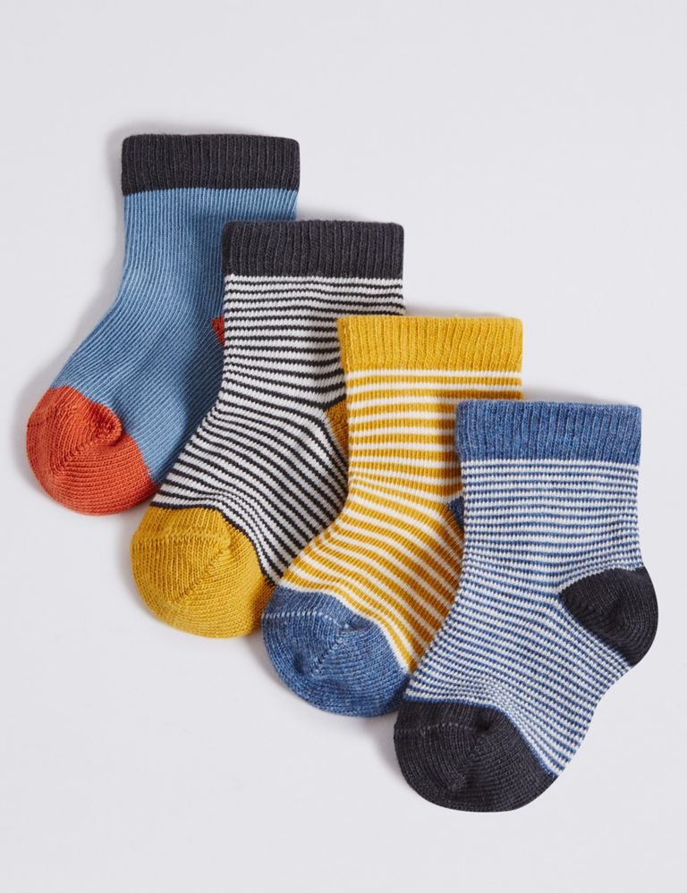 4 Pairs of Cotton Rich Striped Socks (0-24 Months) 1 of 2