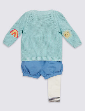 4 Piece Cotton Rich Cardigan, T-Shirt, Shorts & Tights Outfit Image 2 of 6