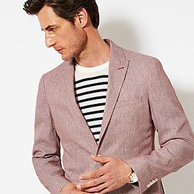 Man wearing pink linen blazer 