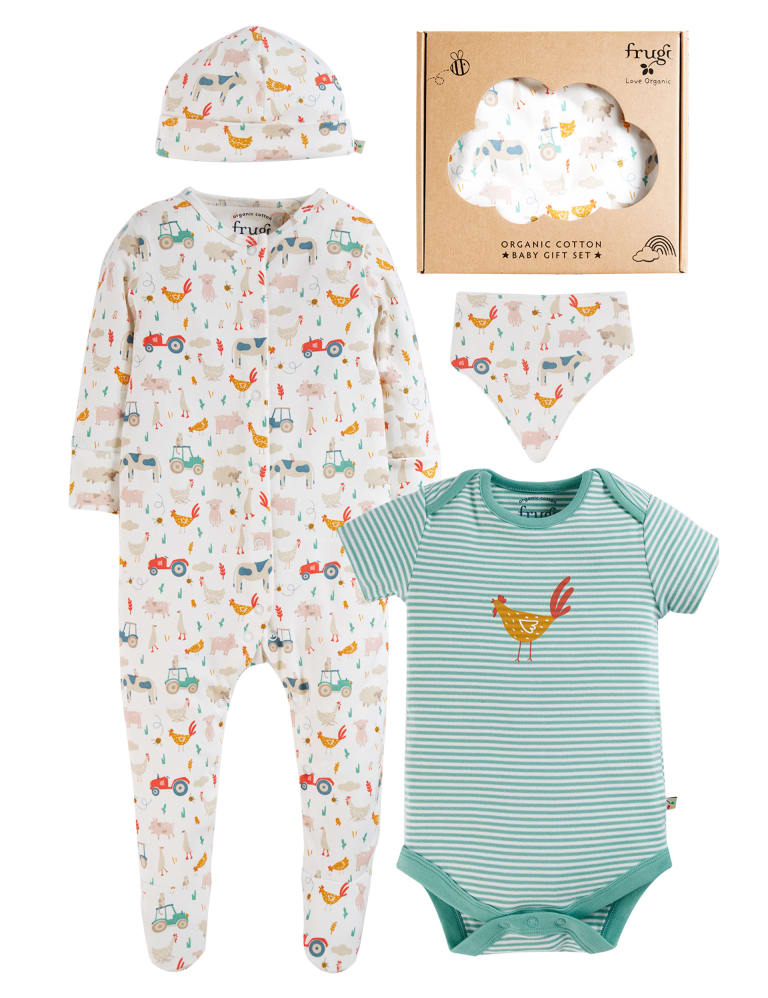 4pc Organic Cotton Farmyard Print Gift Set 0 4 Yrs