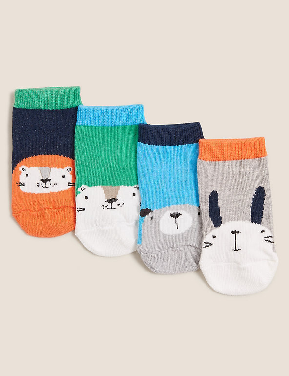 4pk Cotton Animal Baby Socks (0-24 Mths ) | M&S