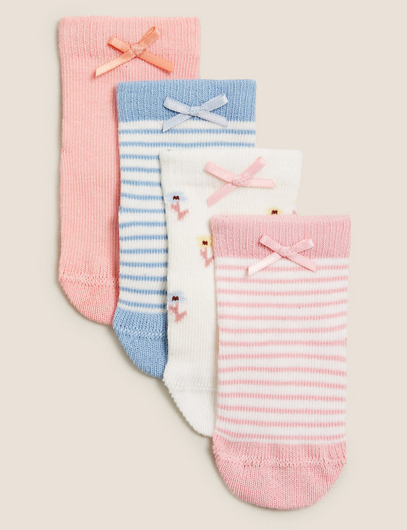 4pk Cotton Floral & Striped Baby Socks (0-24 Mths) Image 1 of 1