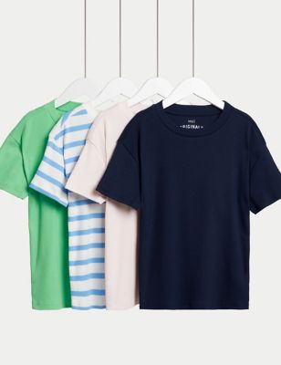 4pk Cotton Rich Plain & Striped T-Shirts (6-16 Yrs) Image 1 of 1