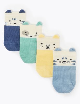 4pk of Cotton Rich Animal Socks (0-24 Mths) | M&S
