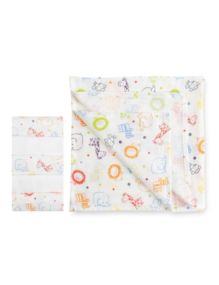 5 Large Pack Pure Cotton Zoo Muslin Cloths 1 of 1