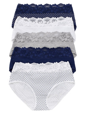 5 Pack Cotton Rich Lace Waist Assorted Midi Knickers Image 2 of 3