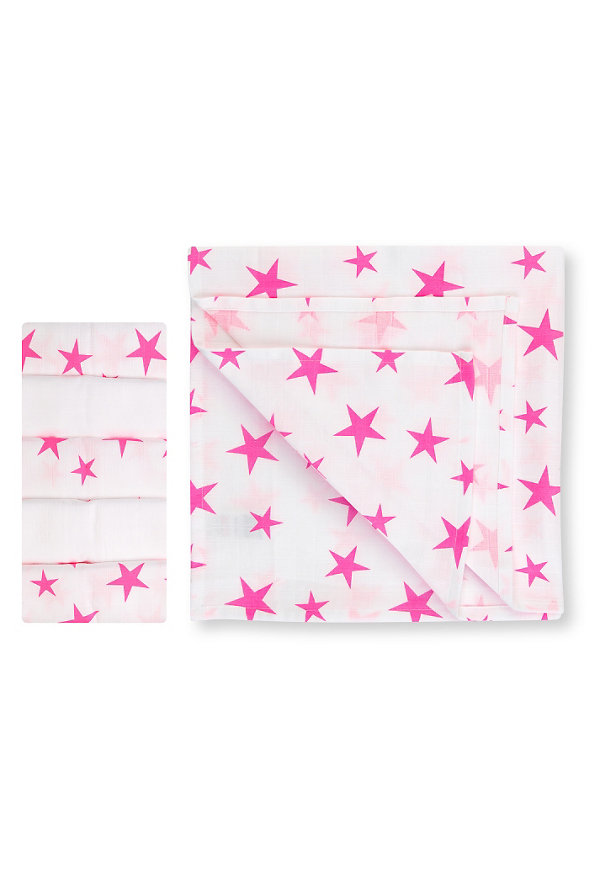 5 Pack Pure Cotton Star Print Muslin Cloths Image 1 of 1