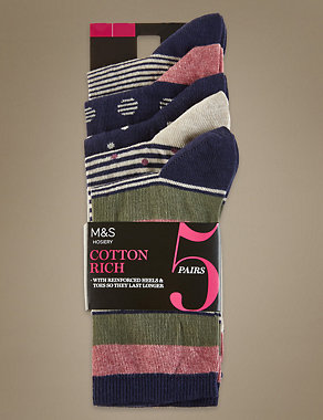 5 Pair Pack Ankle High Stripe & Spot Socks Image 2 of 3