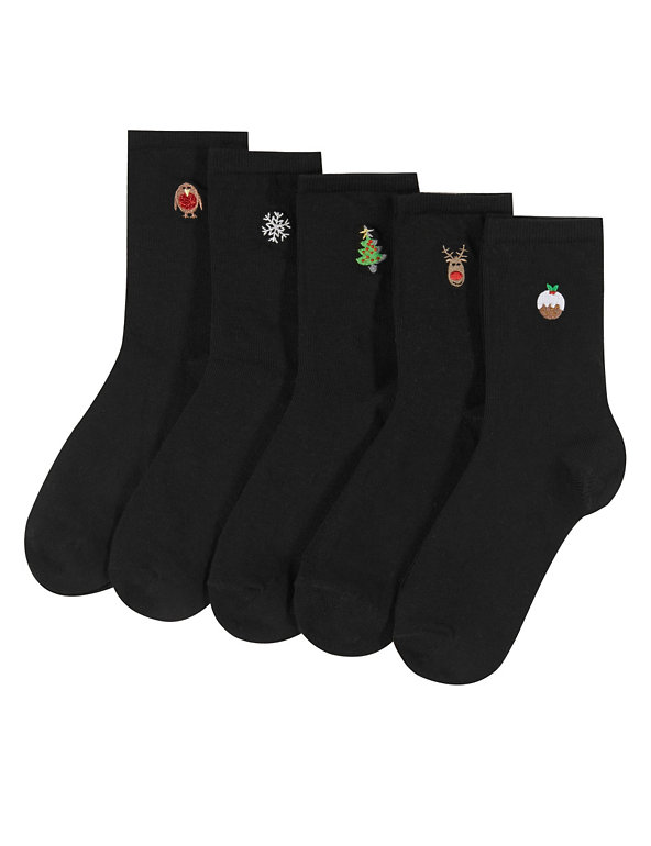 5 Pair Pack Christmas Embellished Socks Image 1 of 2
