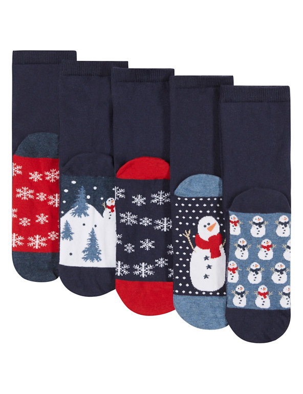 5 Pair Pack Christmas Snowman Socks Image 1 of 2