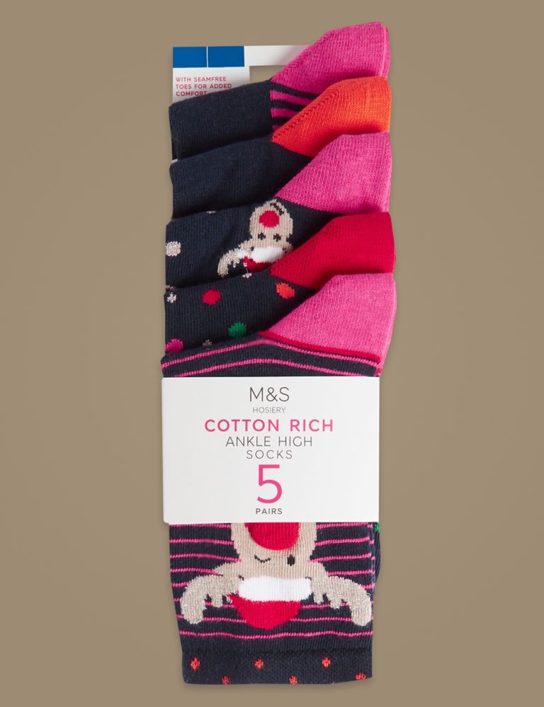 5 Pair Pack Cotton Rich Ankle High Socks 1 of 3