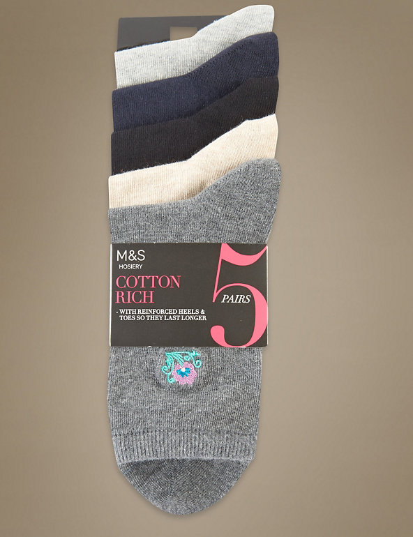 5 Pair Pack Embroidered Floral Reinforced Heel & Toe Socks Image 1 of 2