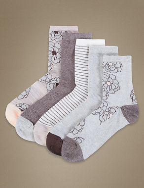 5 Pair Pack Floral Ankle High Socks Image 2 of 3
