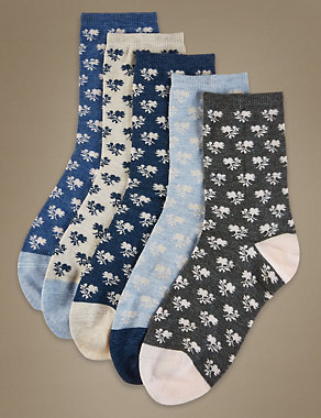 5 Pair Pack Floral Print Ankle High Socks Image 2 of 3