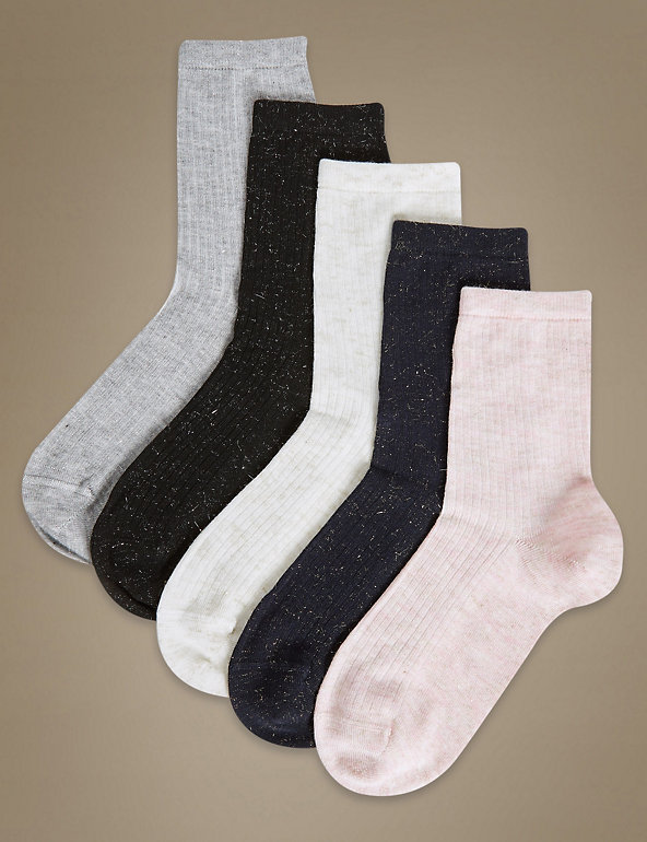 5 Pair Pack Sumptuously Soft Ribbed Ankle High Socks Image 1 of 2