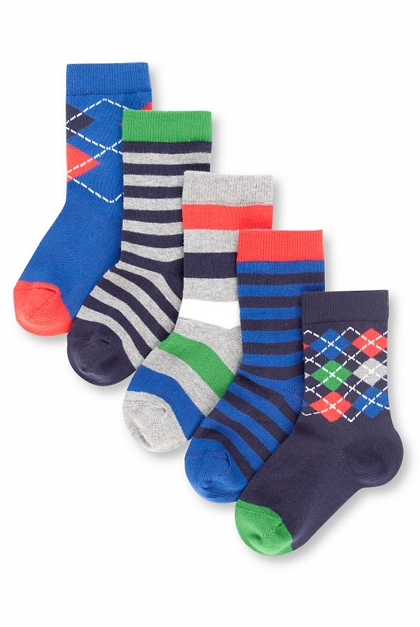 5 Pairs of Cotton Rich Argyle & Striped Socks Image 1 of 1