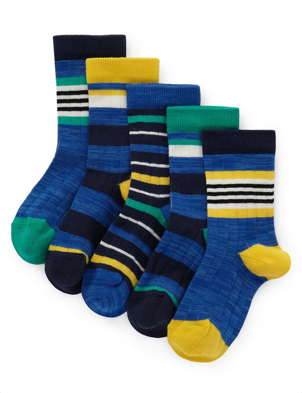 5 Pairs of Cotton Rich Chunky Striped Socks (1-7 Years) Image 1 of 1