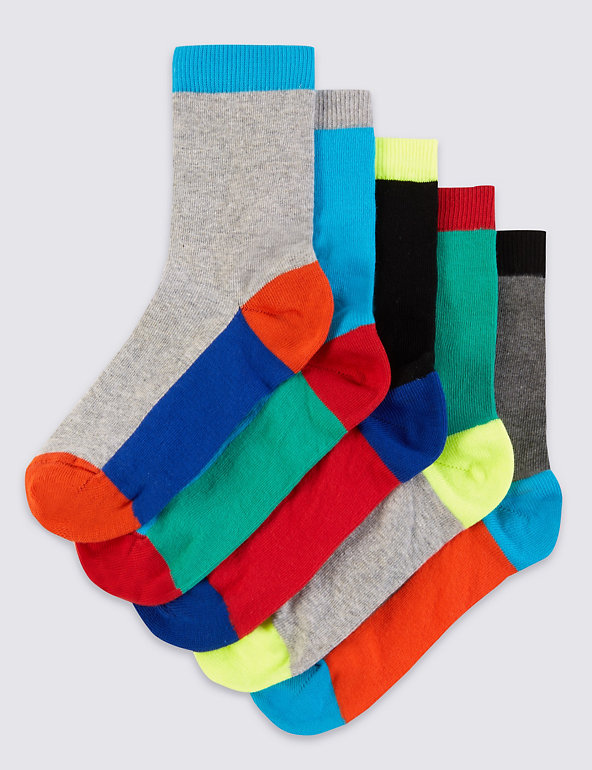 5 Pairs of Cotton Rich Colour Block Socks (5-14 Years) Image 1 of 1