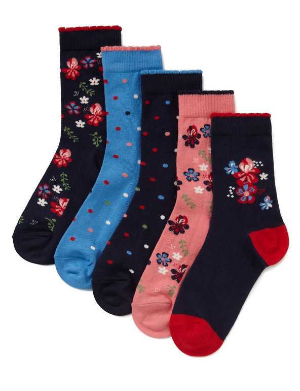 5 Pairs of Cotton Rich Ditsy Floral & Spotted Socks Image 1 of 1