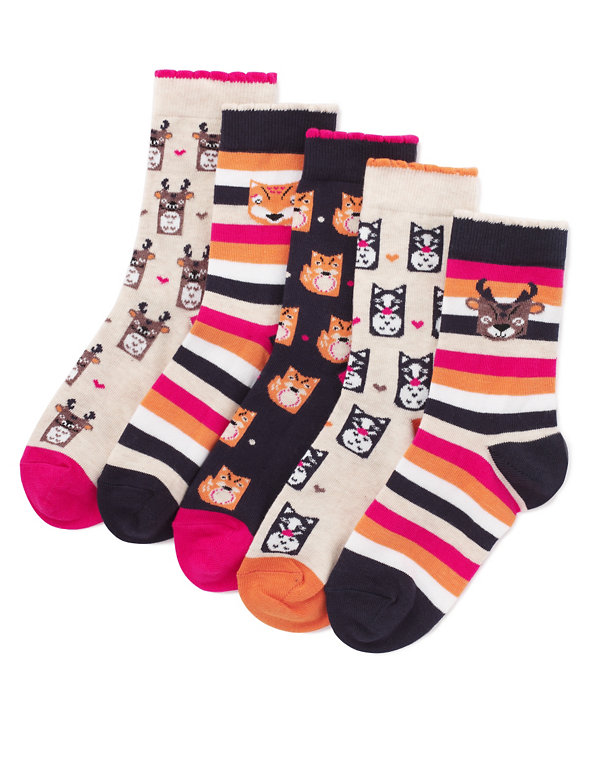 5 Pairs of Cotton Rich Fox Print Socks Image 1 of 1