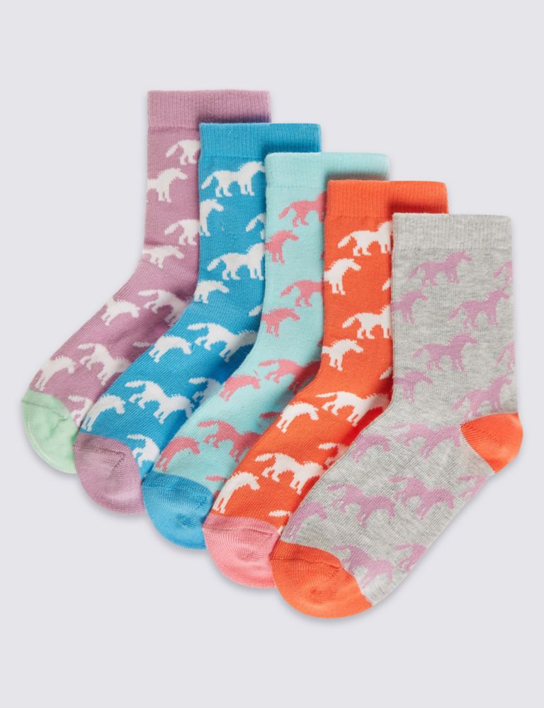 5 Pairs of Cotton Rich Horse Print Socks (1-11 Years) 1 of 1