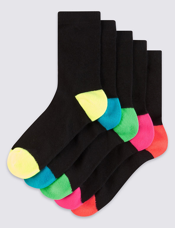 5 Pairs of Cotton Rich Neon Heel & Toe Socks (5-14 Years) Image 1 of 1