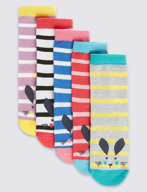 5 Pairs of Cotton Rich Novelty Bunny Print Striped Socks (1-11 Years) Image 1 of 1
