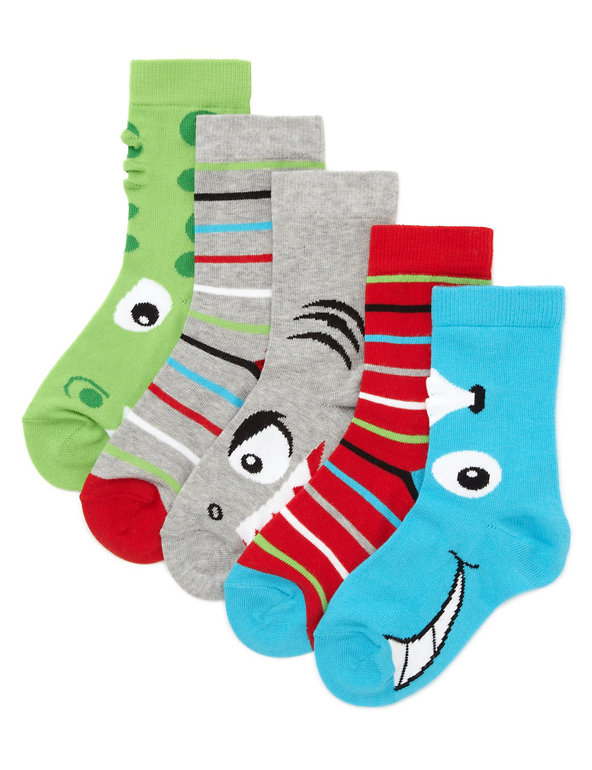5 Pairs of Cotton Rich Shark Foot Socks (1-7 Years) Image 1 of 1