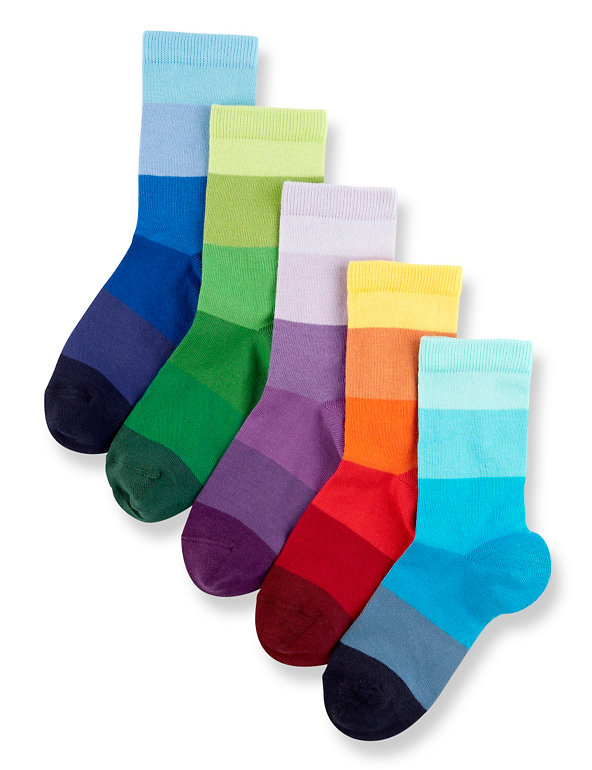 5 Pairs of Freshfeet™ Cotton Rich Colour Block Striped Socks (5-14 Years) Image 1 of 1