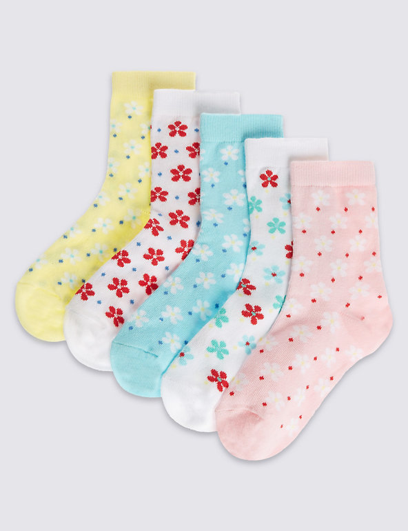 5 Pairs of Freshfeet™ Cotton Rich Ditsy Floral Socks (1-11 Years) Image 1 of 1