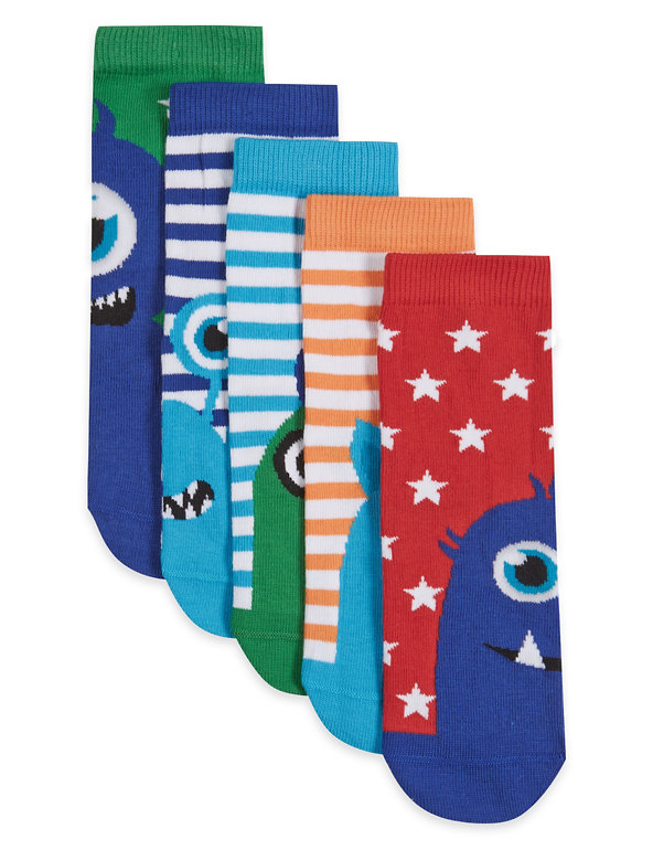 5 Pairs of Freshfeet™ Cotton Rich Monster Print Socks with Silver Technology (1-7 Years) Image 1 of 1