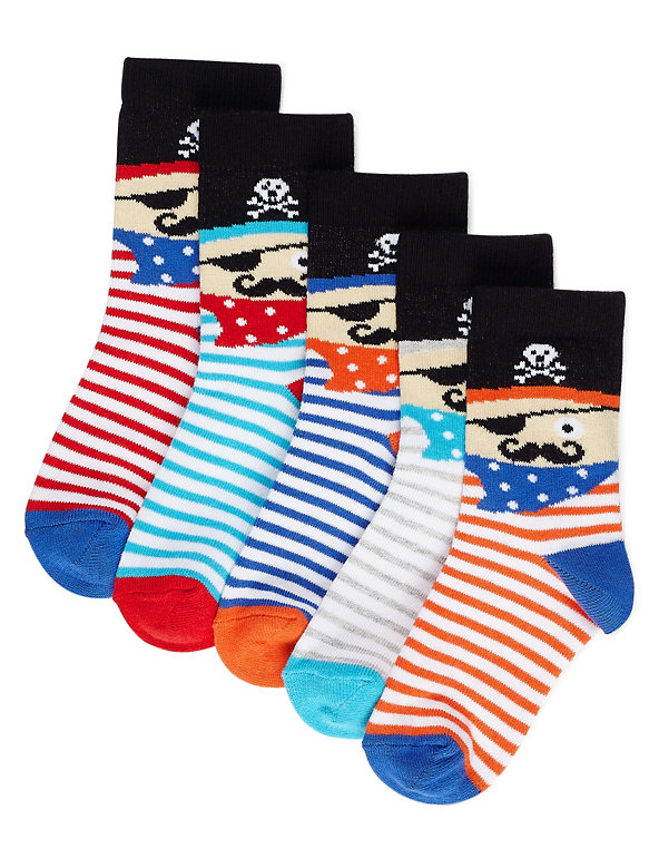 5 Pairs of Freshfeet™ Cotton Rich Pirate Design Socks with Silver Technology (1-7 Years) Image 1 of 1