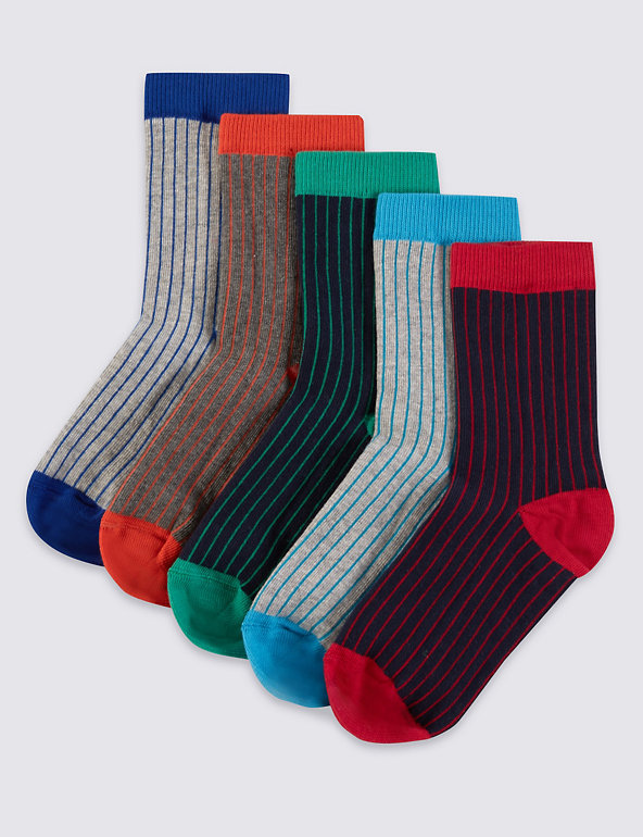 5 Pairs of Freshfeet™ Cotton Rich Ribbed Socks  (5-14 Years) Image 1 of 1