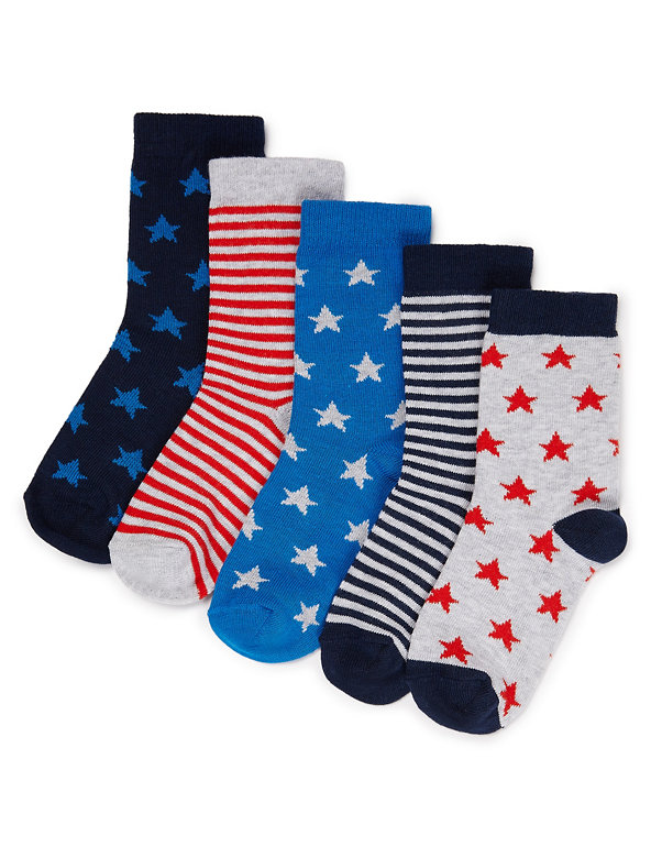 5 Pairs of Freshfeet™ Cotton Rich Star & Striped Socks with Silver Technology (1-7 Years) Image 1 of 1
