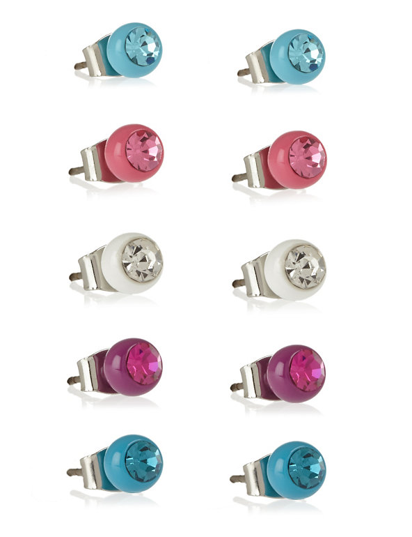 5 Pairs of Multicoloured Diamanté Stud Earrings Image 1 of 1