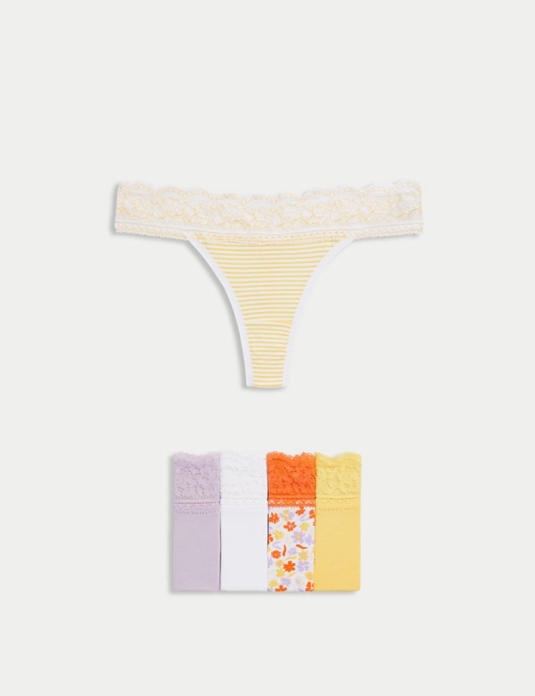 5pk Cotton & Lace Printed Thongs 1 of 5