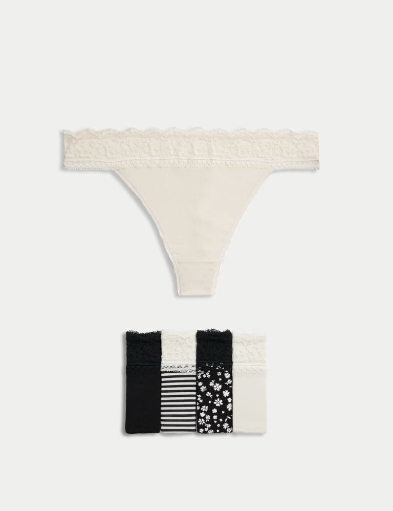 5pk Cotton & Lace Printed Thongs, M&S Collection