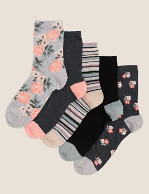 5pk Cotton Floral Ankle High Socks | M&S