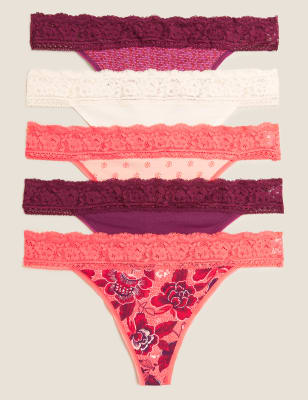 5pk Cotton & Lace Printed Thongs, M&S Collection