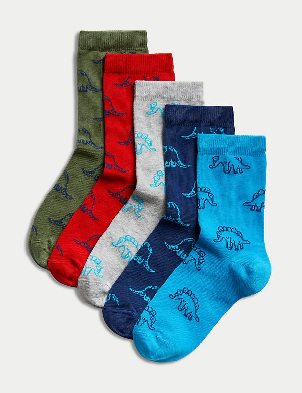 5pk Cotton Rich Dinosaur Socks (6 Small –7 Large) Image 1 of 2