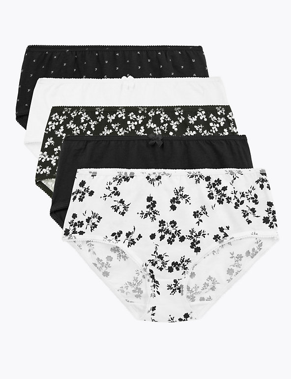 5pk Cotton Rich Floral Midi Knickers, M&S Collection